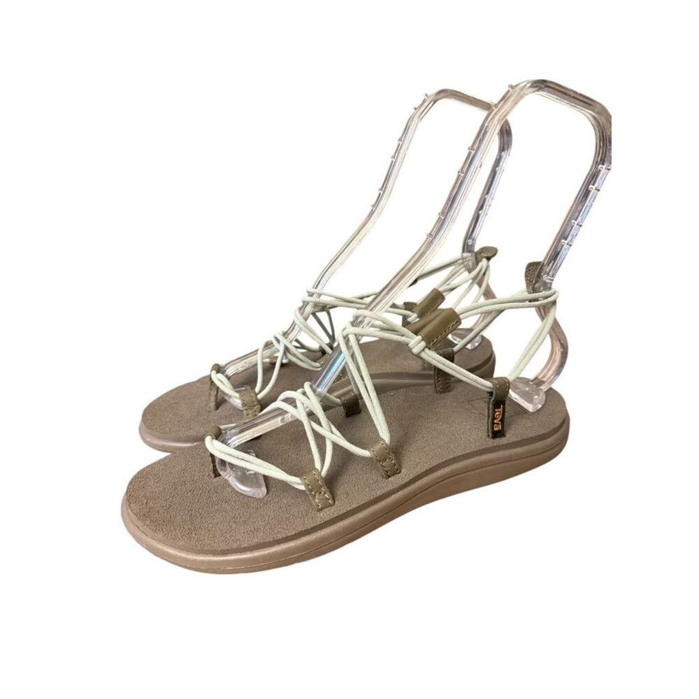Teva Strappy Lace-Up Sandals in Taupe with Light Blue Cords - Picture 2 of 7